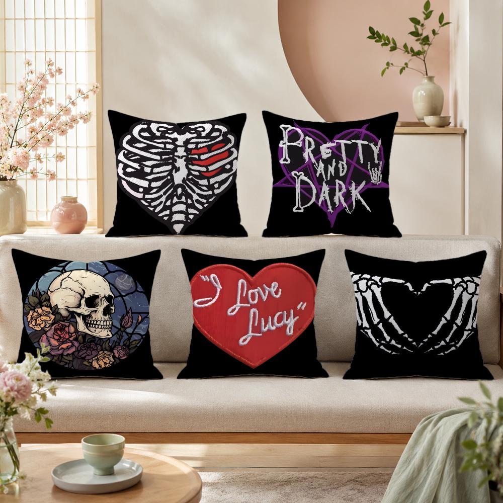 Home Textiles Premium - Anime-Kissenbezug mit Totenkopf-Herz-Print, Premium-Leinen-Kissenhülle, weich strukturiert,